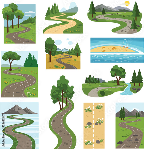 Collection of Cartoon Winding Roads Through Scenic Landscapes
