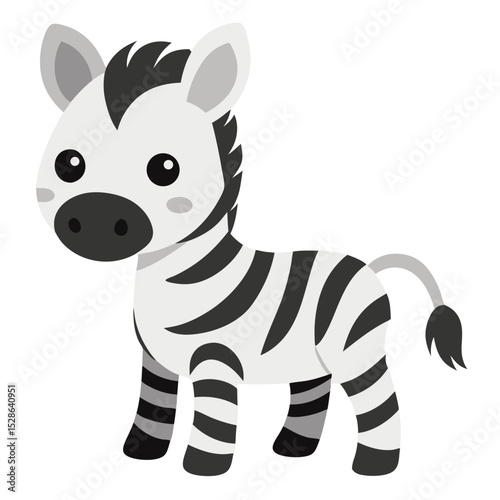  a baby zebra with black and white stripes, featuring large round eyes, small ears, and a playful stance in a simple, child-friendly design style.