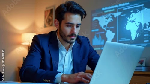 Professional man working on a laptop in a modern office with data visualizations projected on the wall