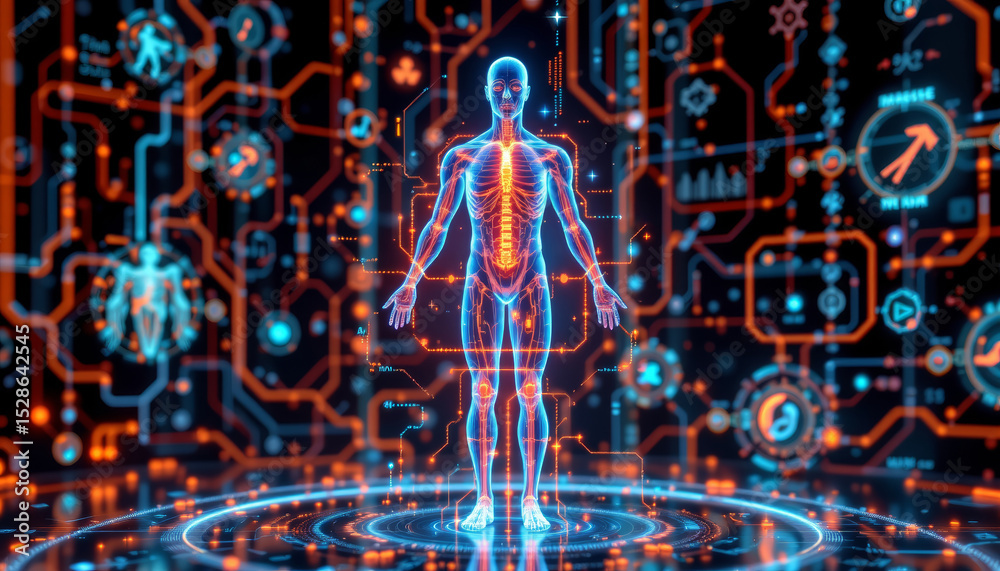 Obraz premium Digital human body hologram with glowing circuits and data patterns, representing advanced technology and health concepts