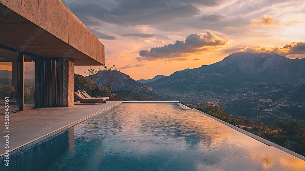 Fototapeta premium Infinity Pool Overlooking Mountain Range at Sunset
