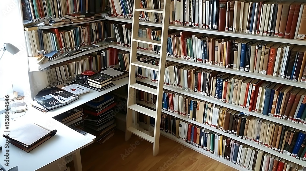 Cozy home library with floor to ceiling bookshelves and a wooden ladder Cozy home library with floor to ceiling bookshelves and a wooden ladder