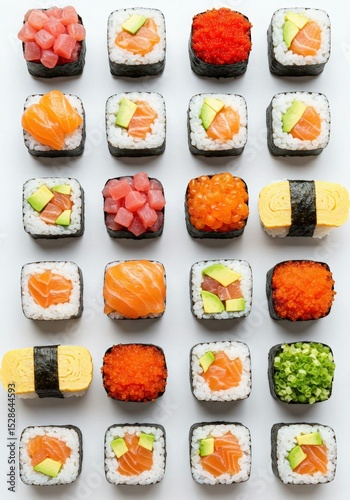 A neatly arranged assortment of sushi rolls on a white background from a top down perspective