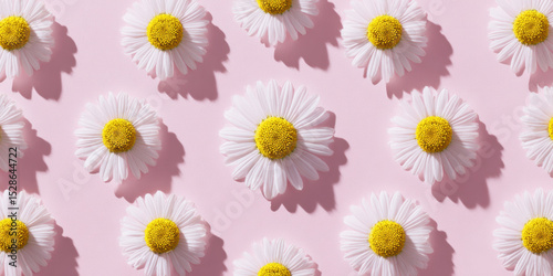 Bright white daisy flowers arranged on pink background create cheerful atmosphere