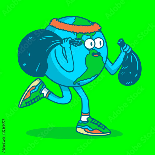Earth planet character running and collecting garbage. planet earth doing plogging. cartoon recycling and exercising