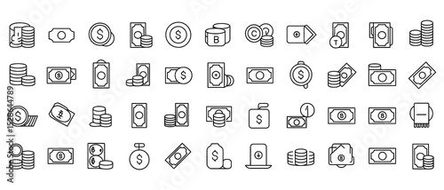 Money and finance icons – thin line style vector symbols collection

