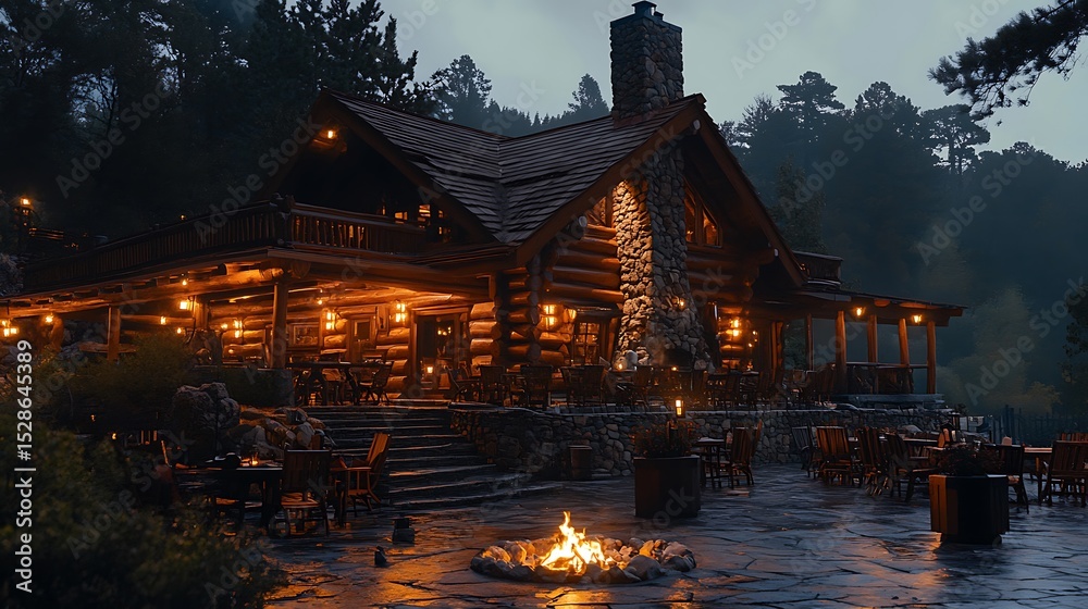 Fototapeta premium Rustic Log Cabin Lit at Night with Fire Pit and Outdoor Seating