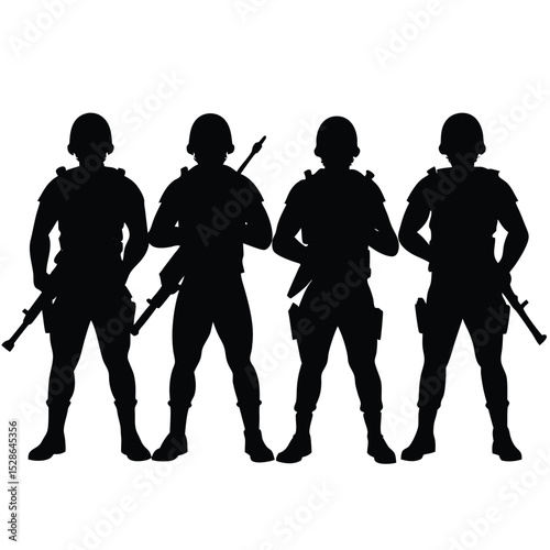 Silhouette of four soldiers standing alert with rifles ready for armed combat