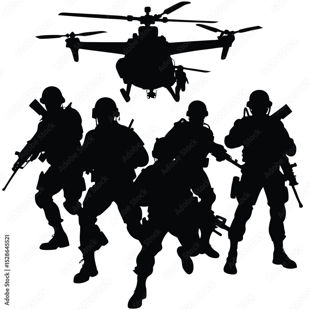 Fototapeta premium Silhouetted special forces soldiers deploying from helicopter aircraft for military operation