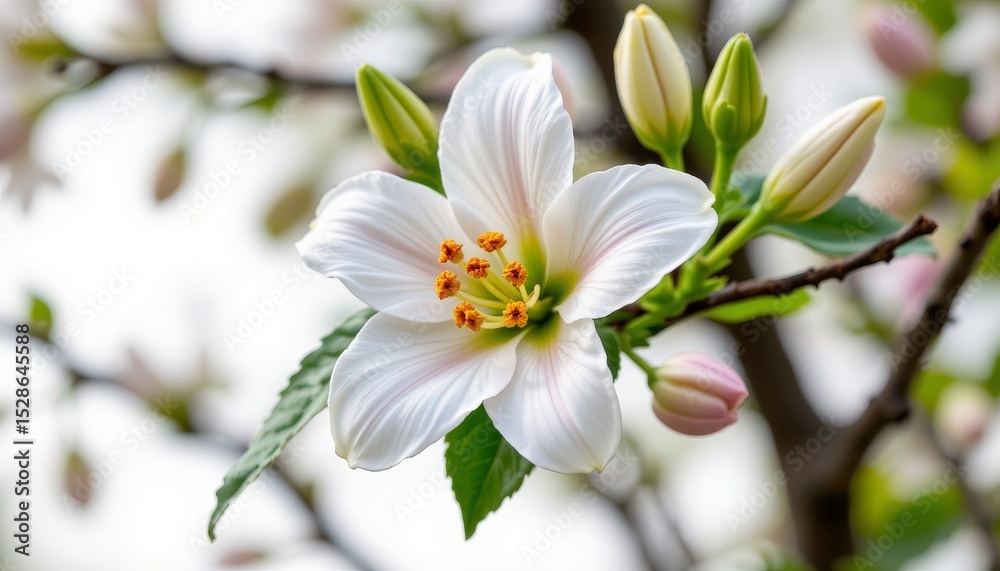 Fototapeta premium Delicate white flower blossoms against a soft blurred background in a serene spring garden