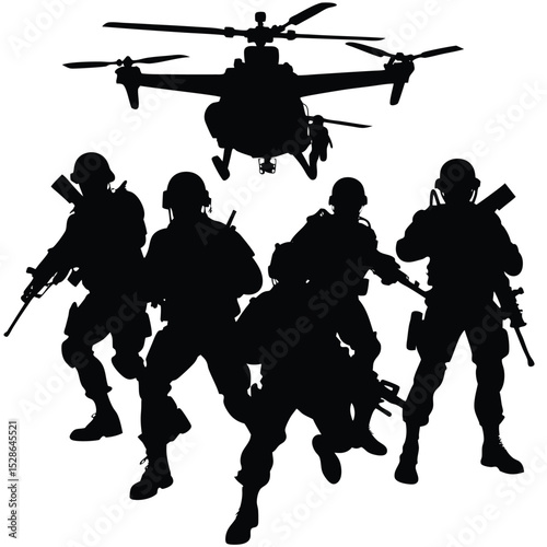 Silhouetted special forces soldiers deploying from helicopter aircraft for military operation