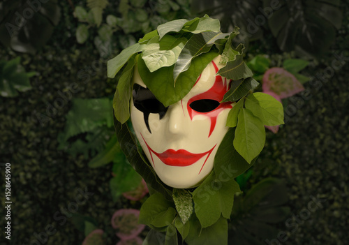 Moss and leaf covered masks with strange spooky look design