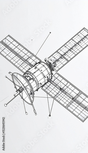 Detailed Sketch of a Communication Satellite in Orbit High Resolution Spacecraft Engineering Drawing