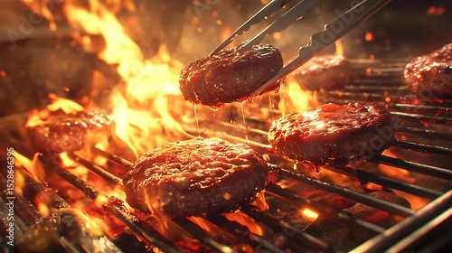 Beef burgers being grilled on an outdoor BBQ grill, flames and smoke rising, burger patties sizzling, tongs holding one patty in air, backyard setting with sunlight,