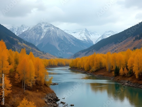 Autumn landscape with Eastern Sayan Mountains and yellowed trees on banks of Irkut River. Natural seasonal background. Siberia, Baikal region, Buryatia, Tunka foothill Valley. Autumn travel 