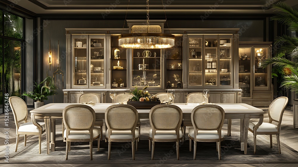 Fototapeta premium Elegant dining room interior with classic furniture and stylish lighting design