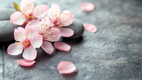 Closeup cherry blossoms on textured charcoal stone: Pink and white flowers with pebbles, Zen Japanese style with negative space. Serene background for digital wallpapers, nature-themed web designs, an