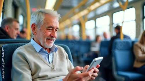 Elderly man smiling while using smartphone on a train, with passengers in the background enjoying their journey