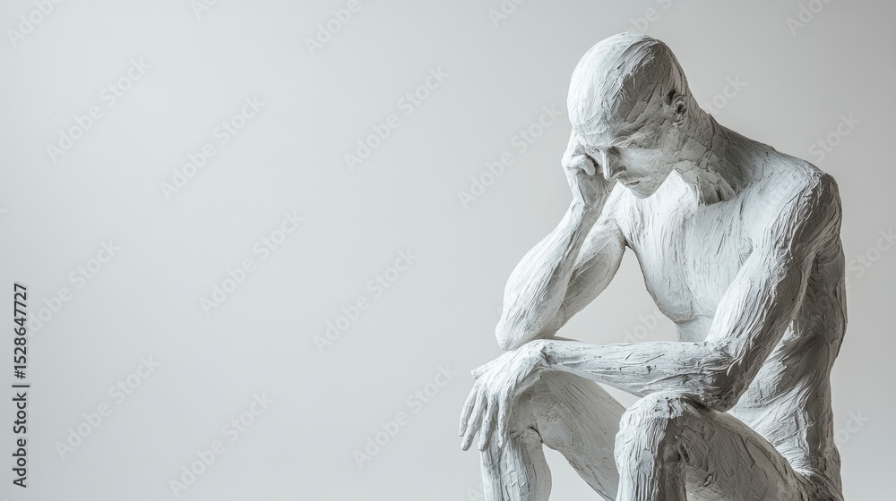Naklejka premium A pensive white statue of a man sits, hand to his face, against a light background.