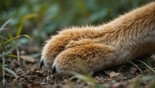 Closeup of Large Cat Paw with Sharp Claws Resting on Ground photo