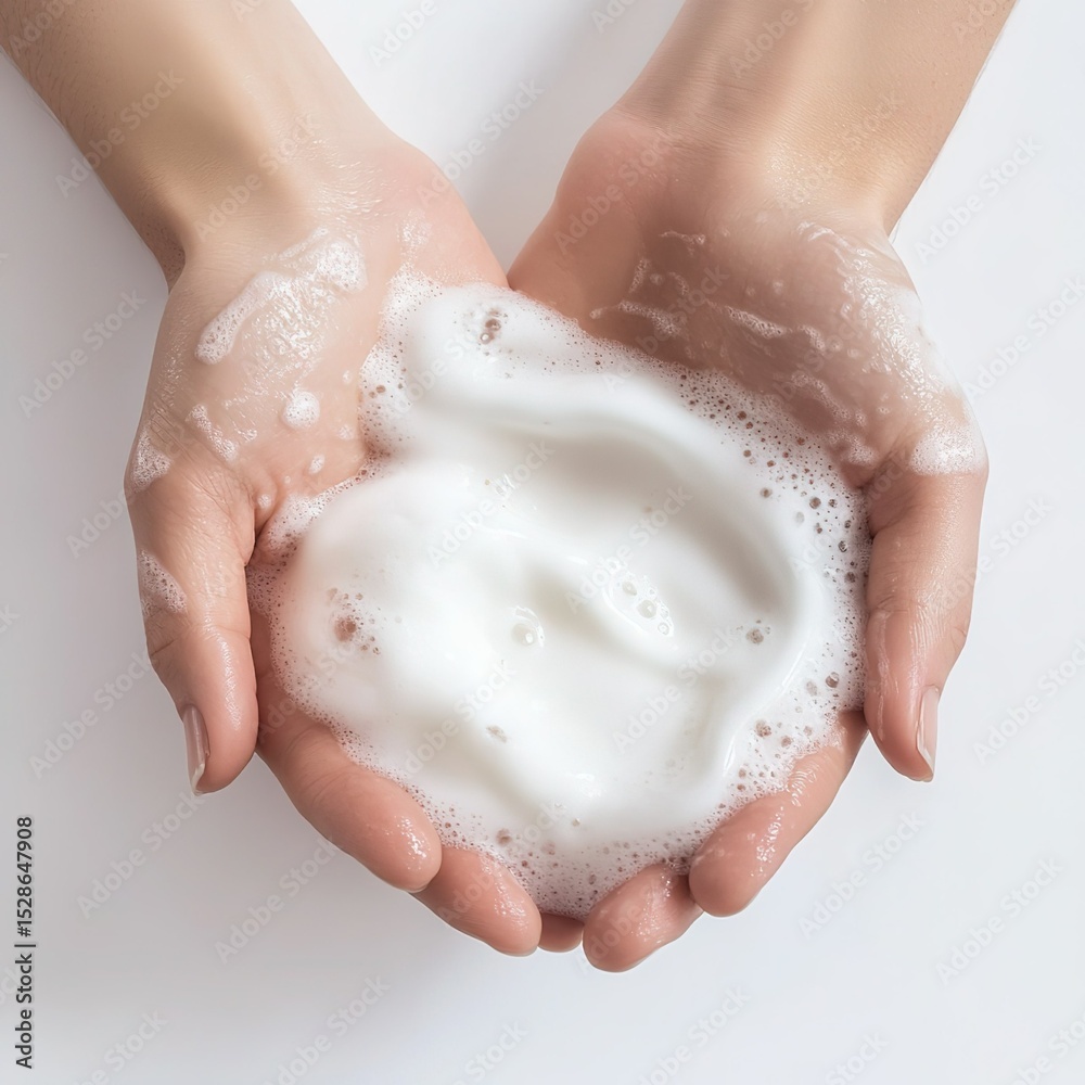 Fototapeta premium Hands holding white foamy lotion against white background, conveying a gentle atmosphere of cleaning and skincare.