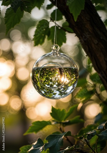 A hanging glass terrarium with tiny plants inside suspended from a tree branch in natural light 