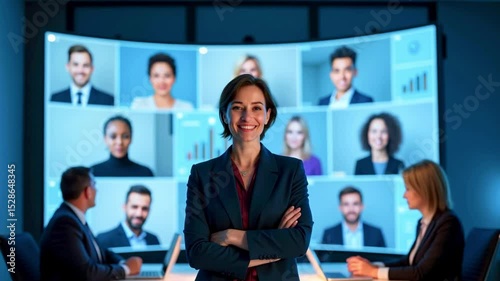 Professional woman leading a virtual meeting with diverse participants displayed on screens