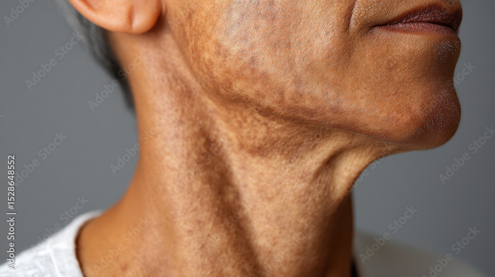 Naklejka premium Acanthosis nigricans is visible on neck of adult with darkened thickened skin patches showing velvety texture and uneven pigmentation, highlighting common dermatological condition