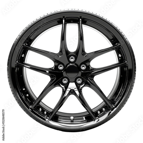 Sleek black car wheel rim with a modern five-spoke design on white