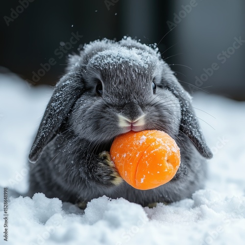 A rabbit is eating an orange carrot in the snow