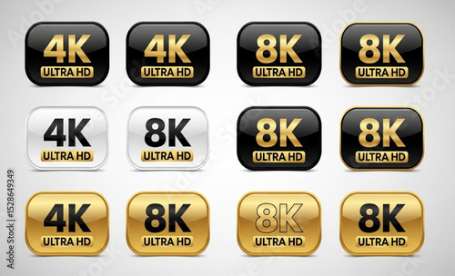 4K and 8K Ultra HD Resolution Buttons | Glossy Icons for Video, TV, and Display Technology Marketing
