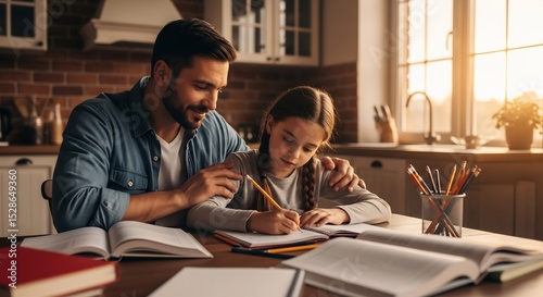 Student studying at wooden desk with open books in cozy sunlit room photo
