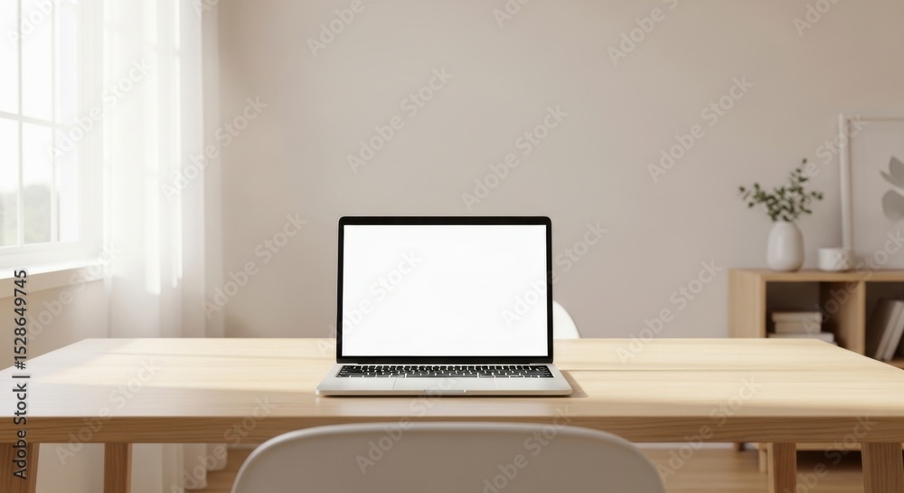 Fototapeta premium Blank laptop screen on wooden table in modern home office setting
