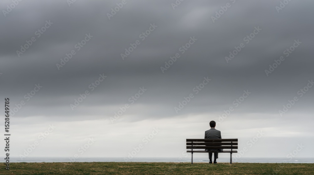 Solitary Man on Bench Contemplating Stormy Landscape and Sky Solitary Man on Bench Contemplating Stormy Landscape and Sky