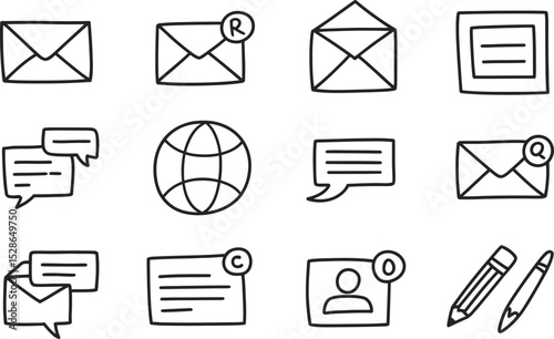 Hand-drawn doodle vector icons depicting communication email world and office elements