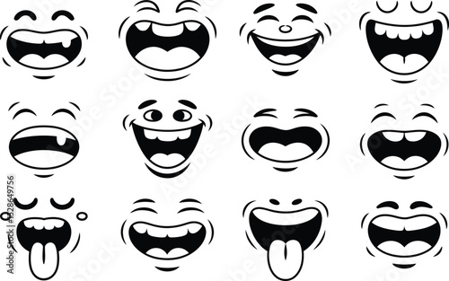 Collection of comic smiling faces in black and white depicting different expressions