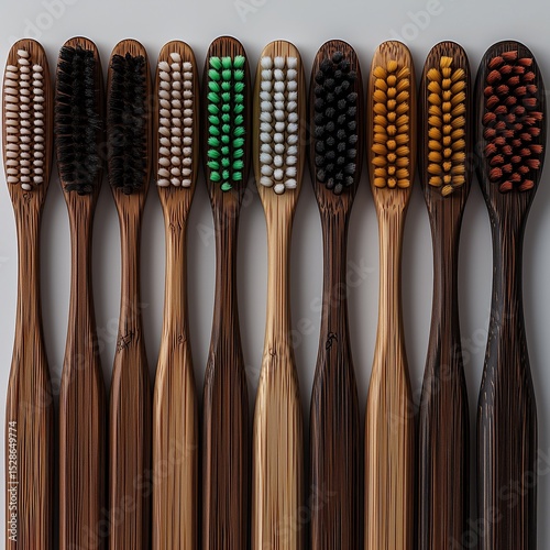 A row of wooden toothbrushes with different colors and sizes. Concept of variety and choice, as each toothbrush is unique in its appearance
