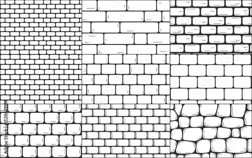 Vector illustration of various brick wall patterns with different styles and textures
