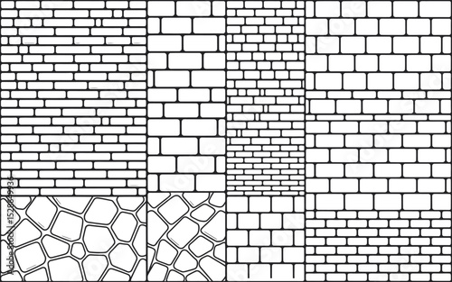 Diverse collection of black and white brick wall patterns and stone textures for design purposes