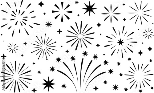 Black and white hand drawn fireworks and starbursts pattern with twinkling star shapes for design