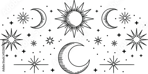 Celestial illustration featuring sun moons stars and celestial elements in a minimalist line art style