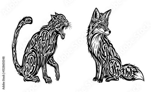 Cat and Fox Intricate Patterned Tattoo Style Line Art Illustration | Wild Animal Engravings for T-shirts, Posters, and Prints