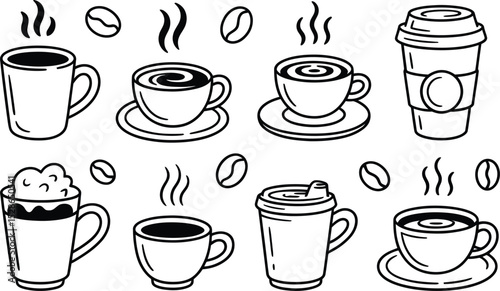 Wallpaper Mural Black and white doodle art coffee cups and coffee beans illustration for various design purposes Torontodigital.ca