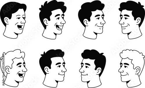 Collection of eight black and white male heads with various expressions and hairstyles