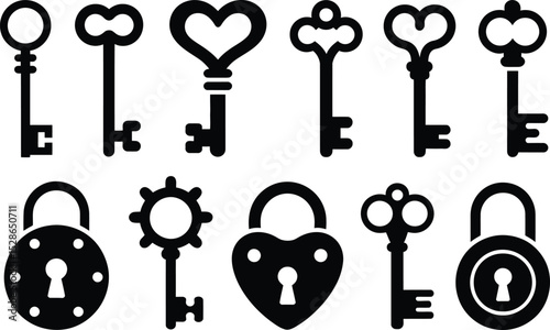 Collection of decorative keys and locks in black and white illustrating security and access