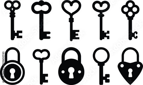 Elegant vector illustrations of various keys and locks in a classic black silhouette for designs