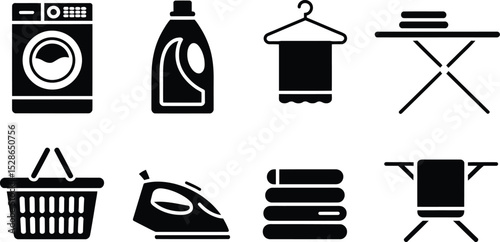Vector illustration of laundry icons including washing machine detergent and other related items