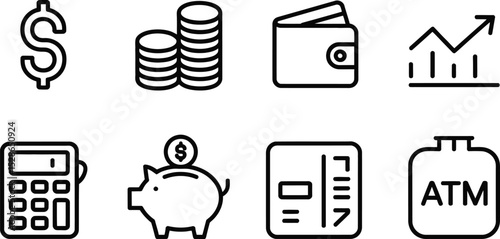 Illustrated line icons representing financial transactions money savings and banking symbols