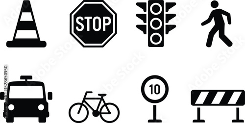 Black and white vector illustrations of various traffic and road safety signs and symbols