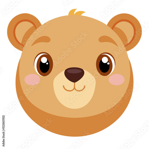 A cute cartoon bear face with large brown eyes, pink rosy cheeks, a small brown nose, and a gentle smile, rendered in warm brown and orange tones with round ears.